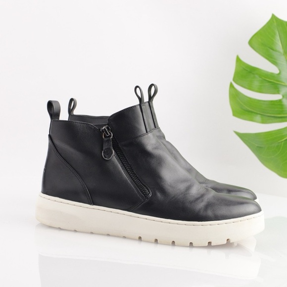 Vionic Sleek Black Leather Sneaker Bootie Platform with White Soles - Picture 2 of 9